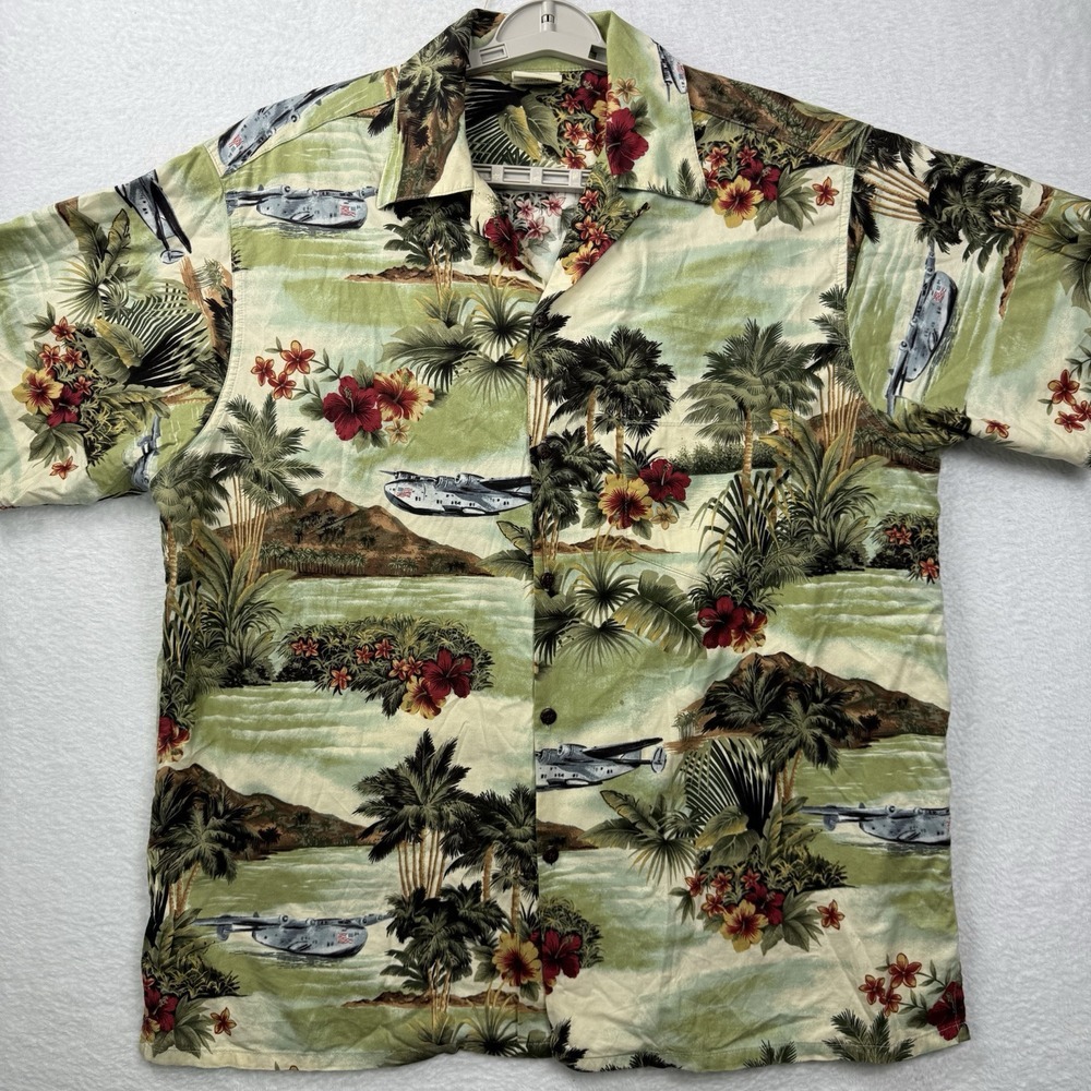 Vintage Go Barefoot Hawaiian Shirt Planes Palm Trees Hibiscus Made In The USA XL